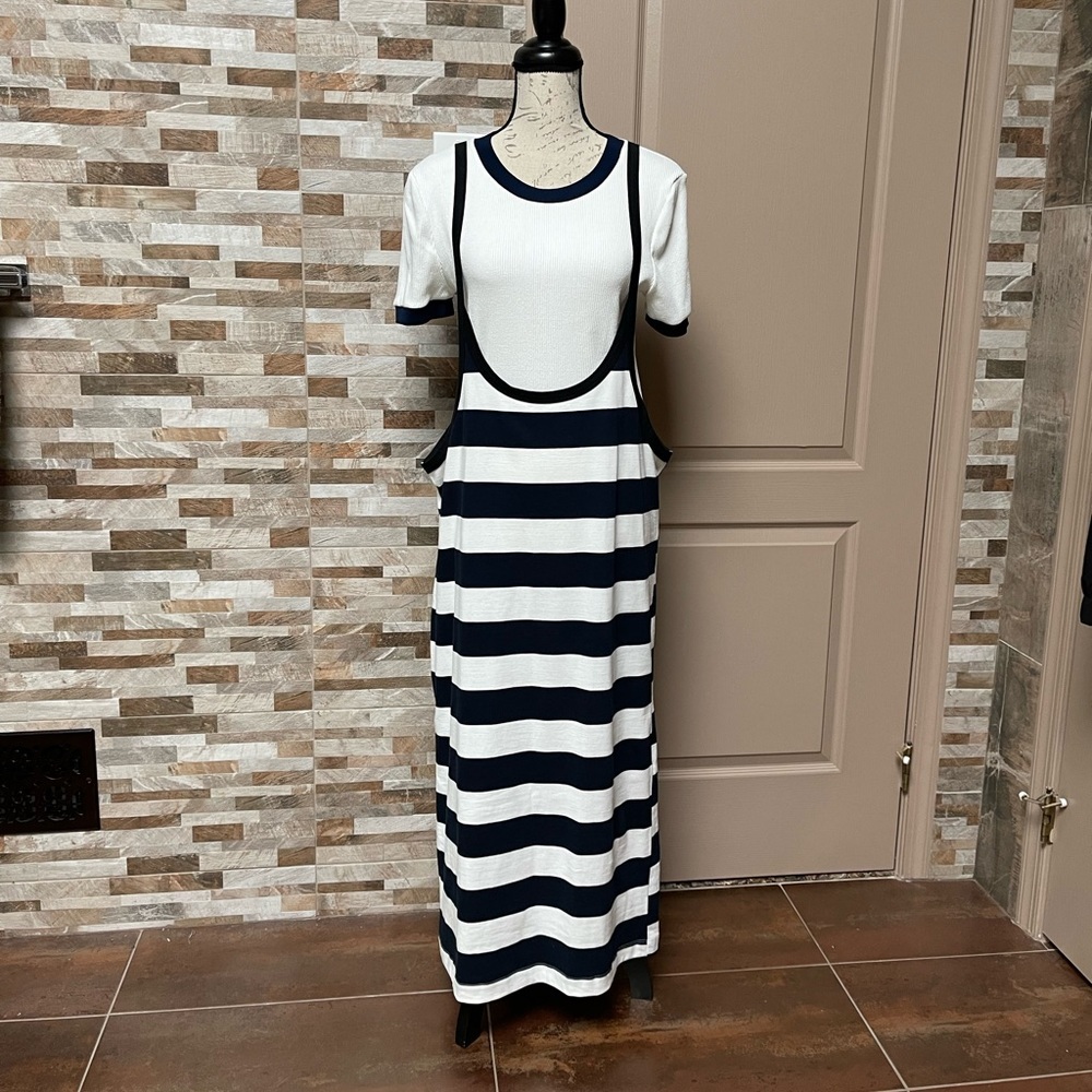 ZARA cotton dress skirt on the straps stripped Sz L & ribbed top combo Sz XL - Picture 2 of 16